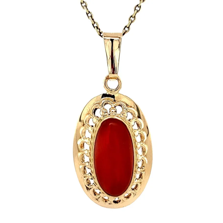 Gold pendant with blood coral 14 krt>Vintage Jewellery Clearance