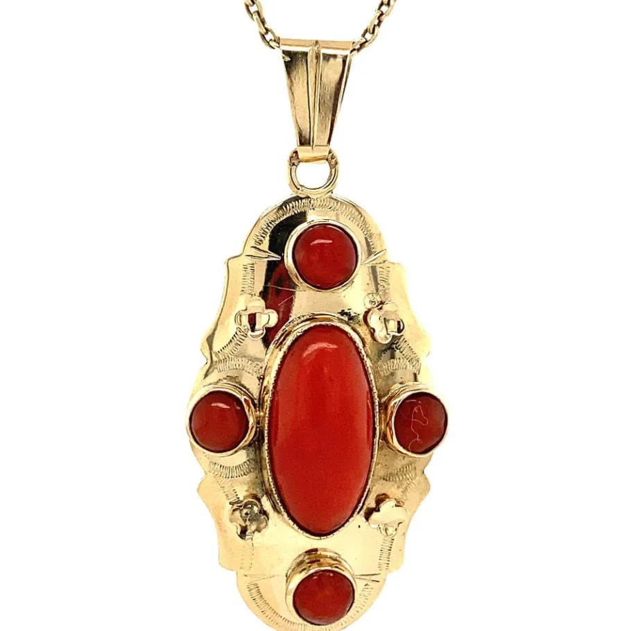 Gold pendant with blood coral 14 krt>Vintage Jewellery Hot