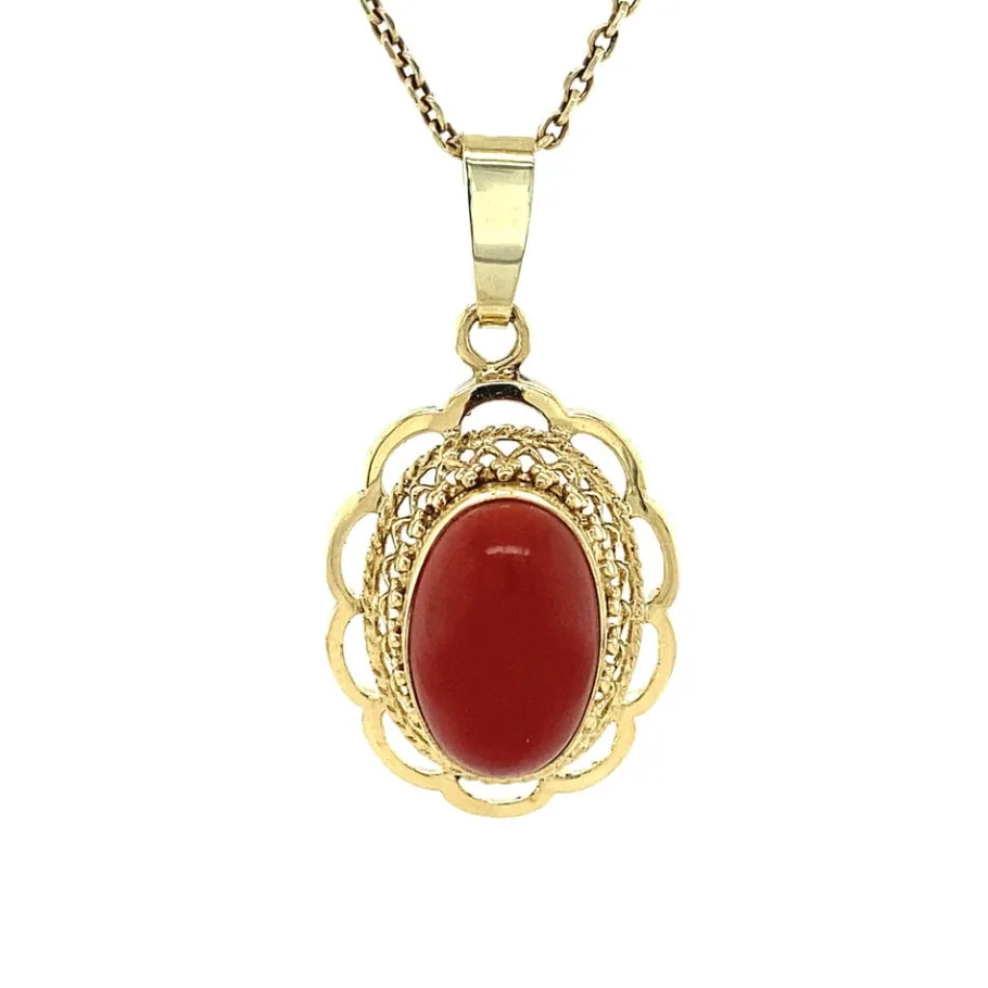 Gold pendant with blood coral 14 krt>Vintage Jewellery Discount