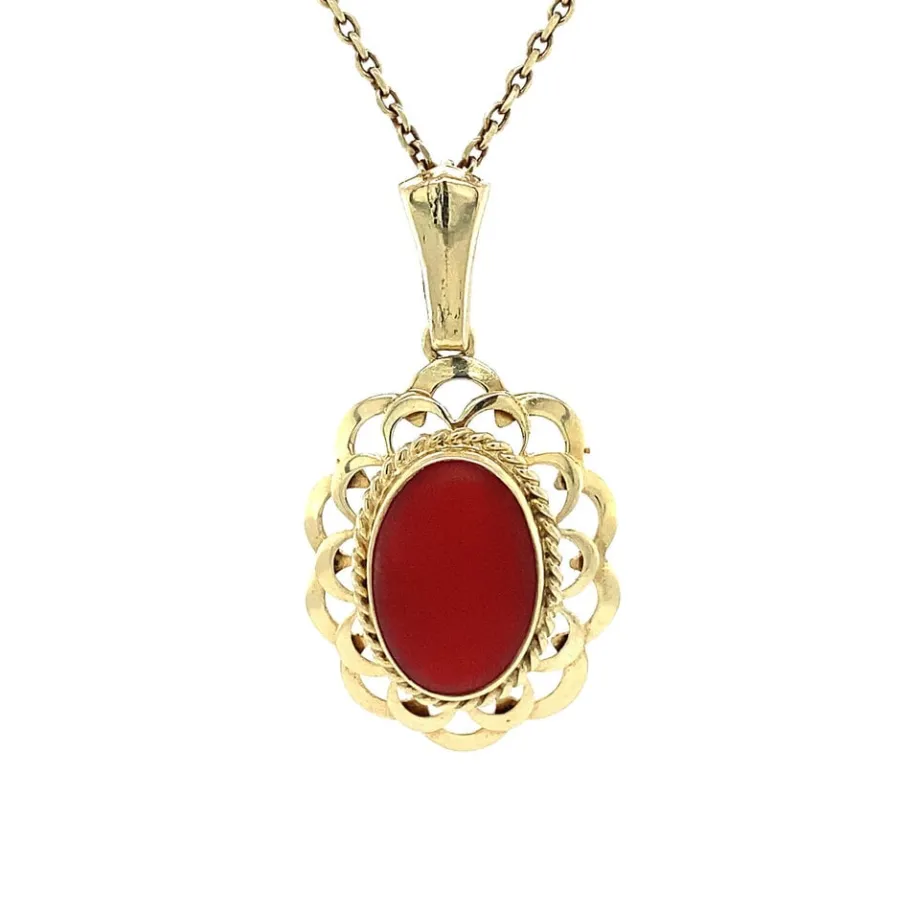 Gold pendant with blood coral 14 krt>Vintage Jewellery Fashion