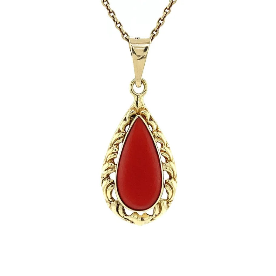 Gold pendant with blood coral 14 krt>Vintage Jewellery Fashion