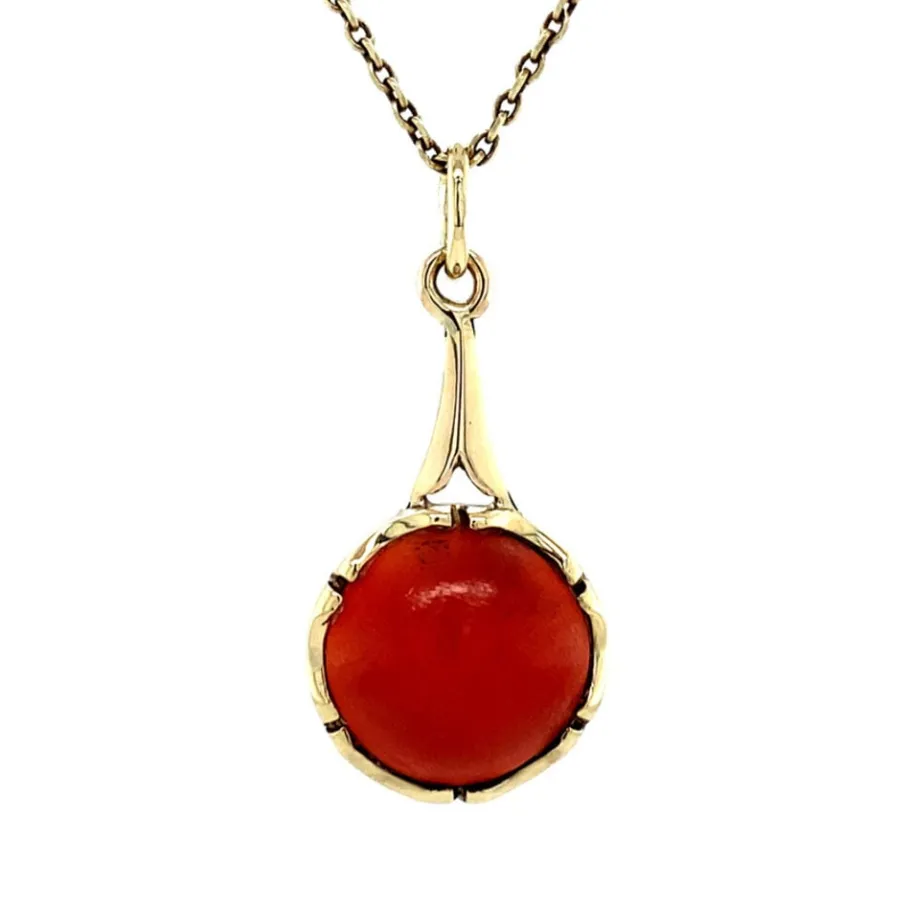 Gold pendant with blood coral 14 krt>Vintage Jewellery Clearance