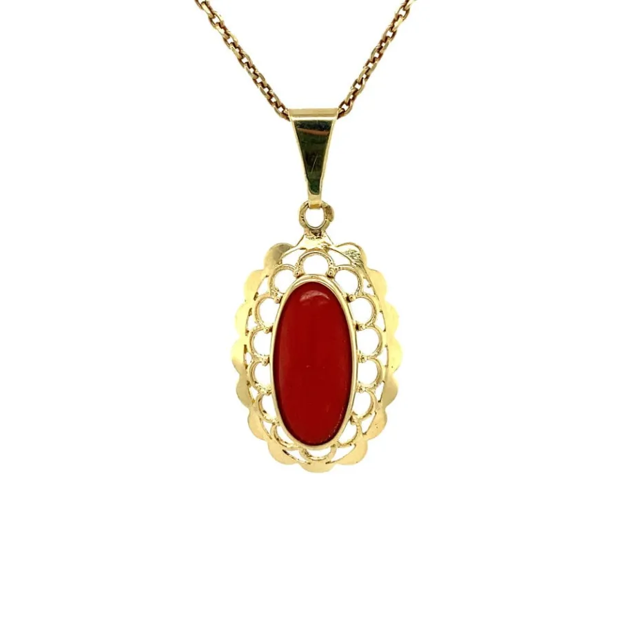 Gold pendant with blood coral 14 krt>Vintage Jewellery Discount