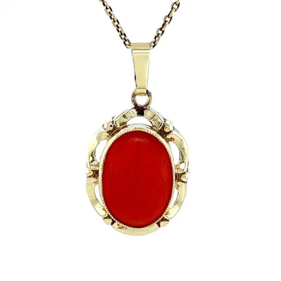 Gold pendant with blood coral 14 krt>Vintage Jewellery Outlet