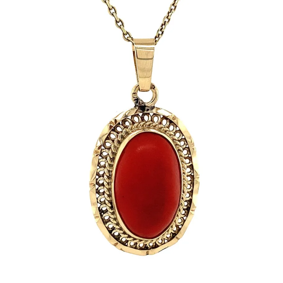 Gold pendant with blood coral 14 krt>Vintage Jewellery Clearance