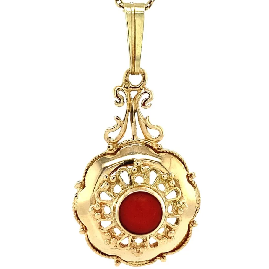 Gold pendant with blood coral 14 krt>Vintage Jewellery Hot