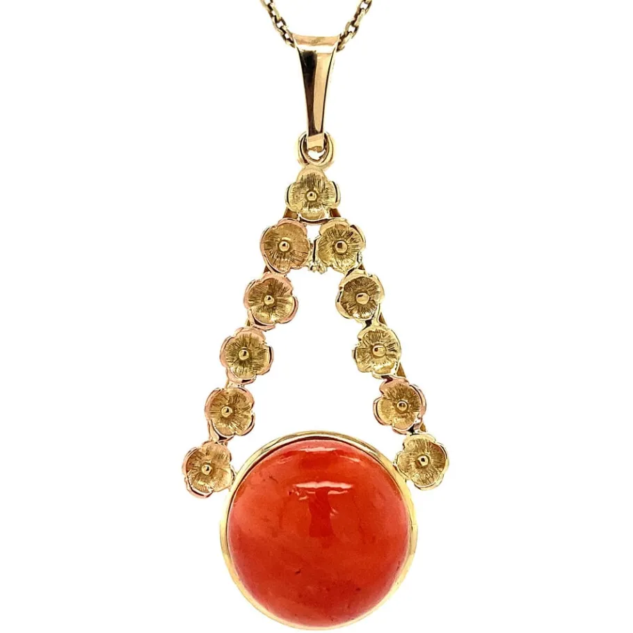 Gold pendant with blood coral 14 krt>Vintage Jewellery Discount
