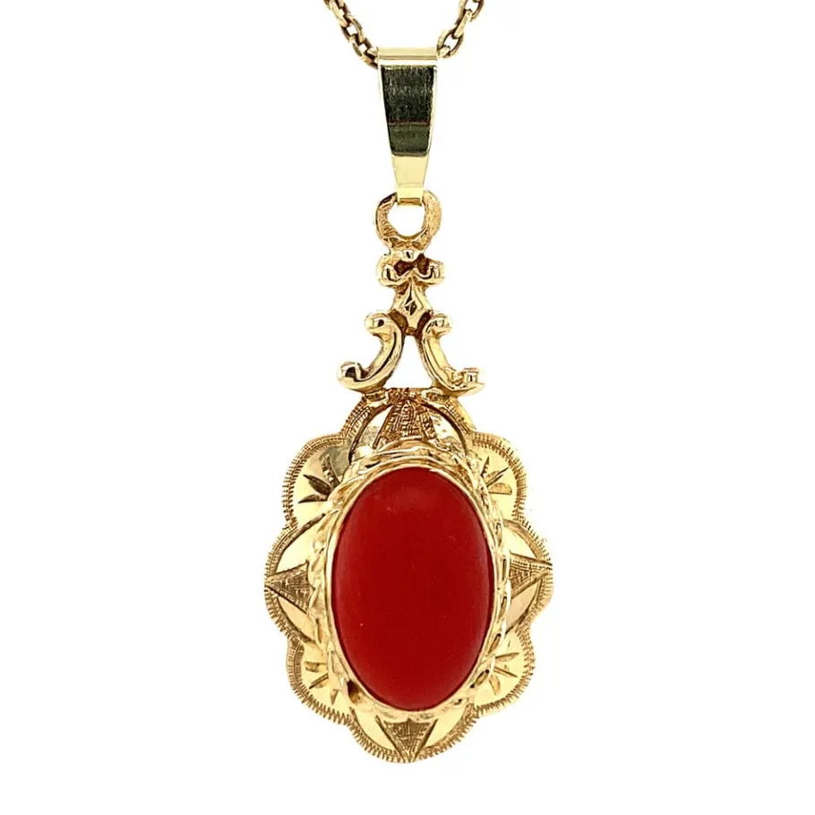 Gold pendant with blood coral 14 krt>Vintage Jewellery Best