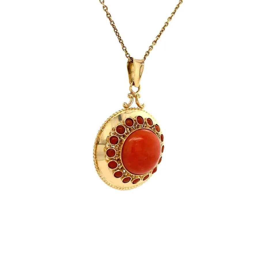 Gold pendant with blood coral 14 krt>Vintage Jewellery Online