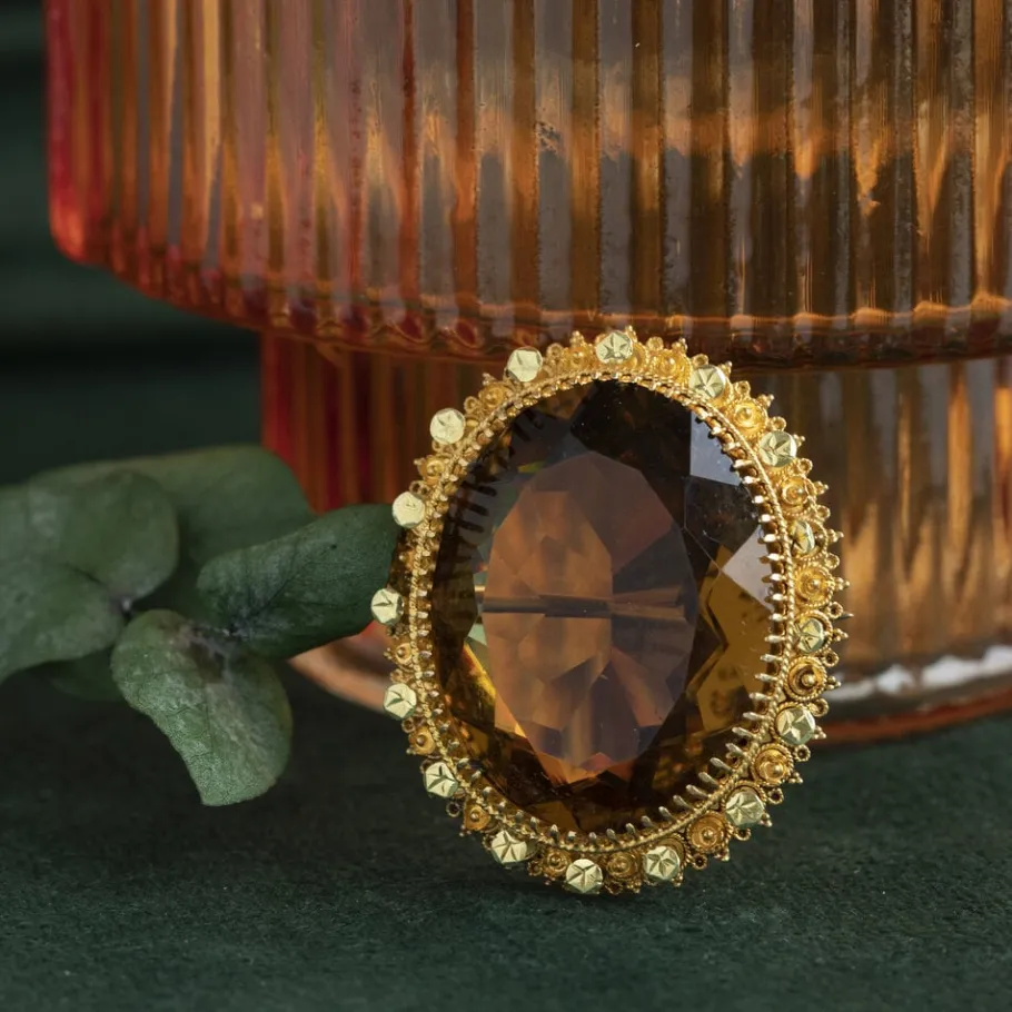 Gold pendant with brown glass 14 krt>Vintage Jewellery Hot
