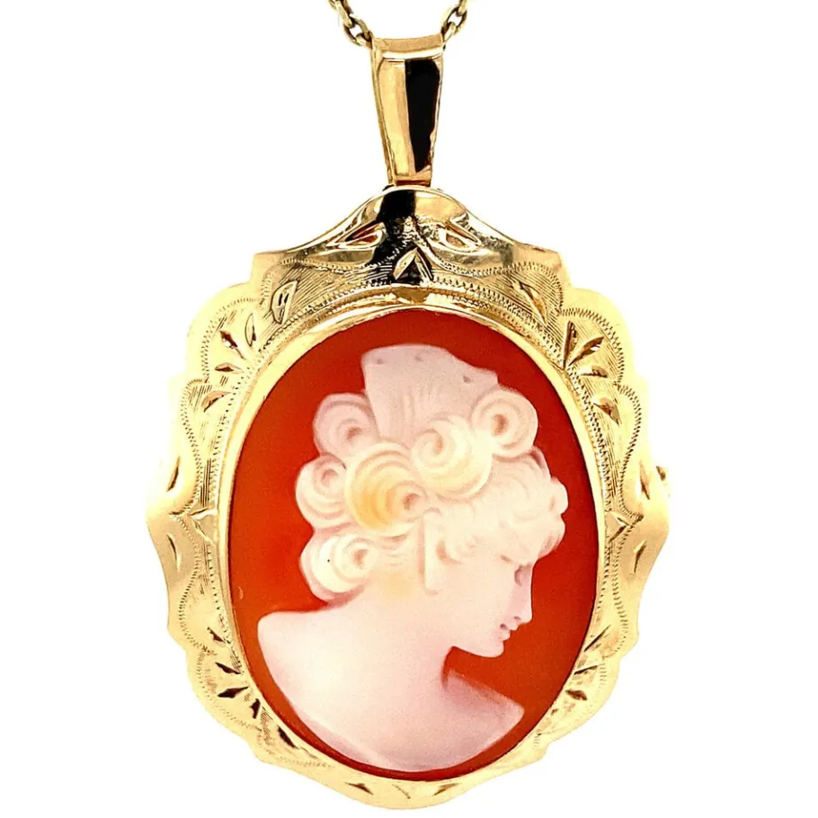Gold pendant with cameo 14 krt>Vintage Jewellery Hot