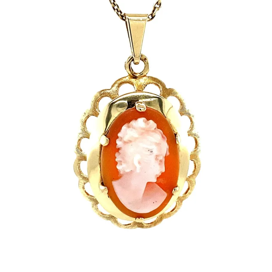 Gold pendant with cameo 14 krt>Vintage Jewellery Online