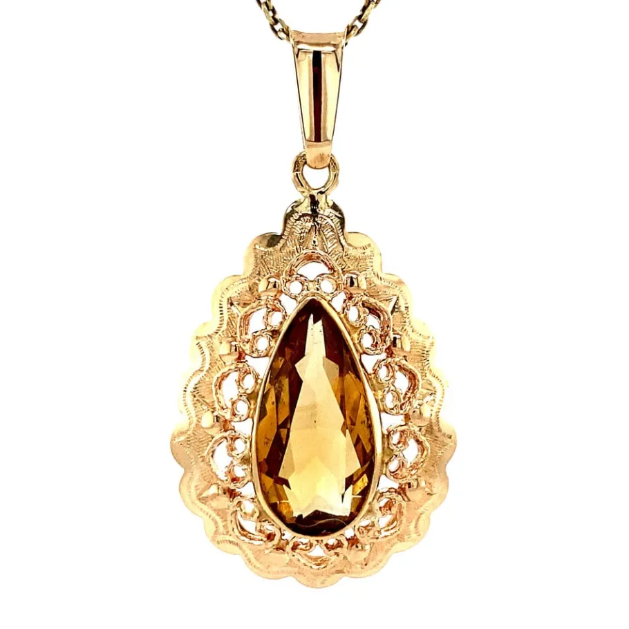 Gold pendant with citrine 14 krt>Vintage Jewellery Hot