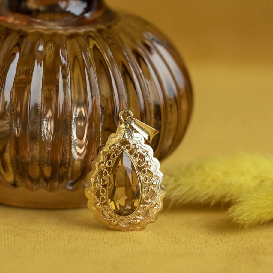 Gold pendant with citrine 14 krt>Vintage Jewellery Hot