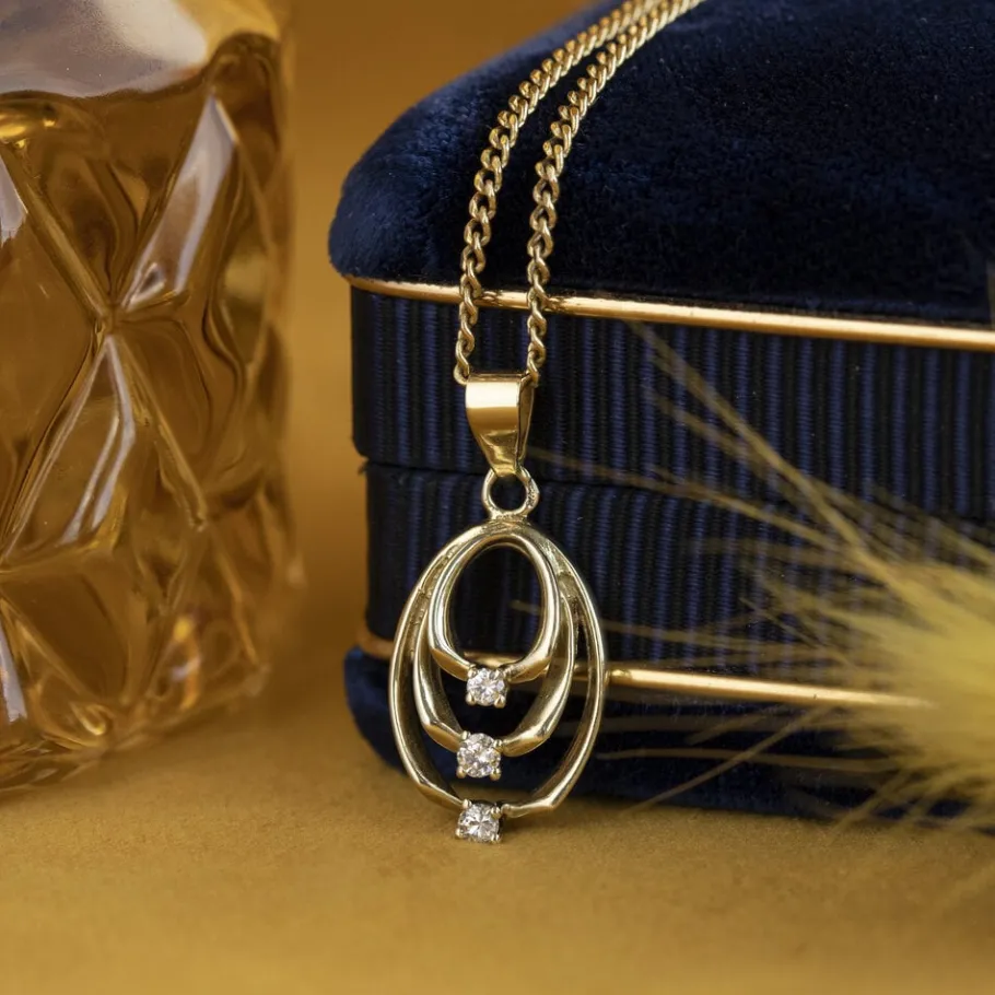 Gold pendant with diamond 14 krt>Vintage Jewellery Hot