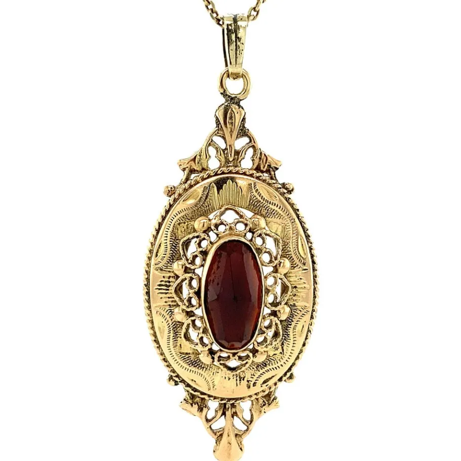 Gold pendant with garnet 14 krt>Vintage Jewellery Fashion