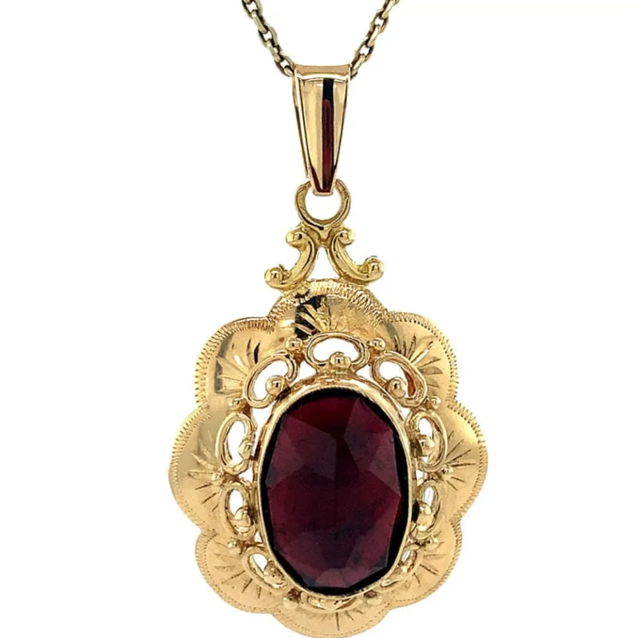Gold pendant with garnet 14 krt>Vintage Jewellery Clearance