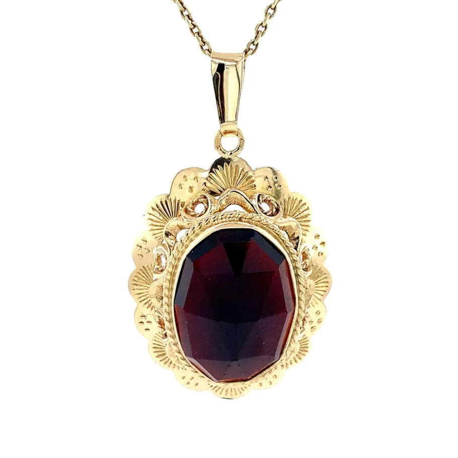 Gold pendant with garnet 14 krt>Vintage Jewellery Online