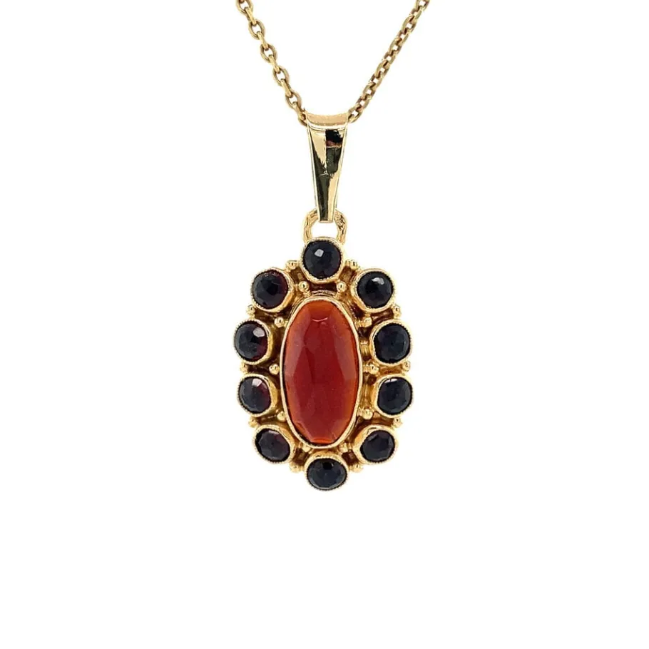 Gold pendant with garnet 14 krt>Vintage Jewellery Online