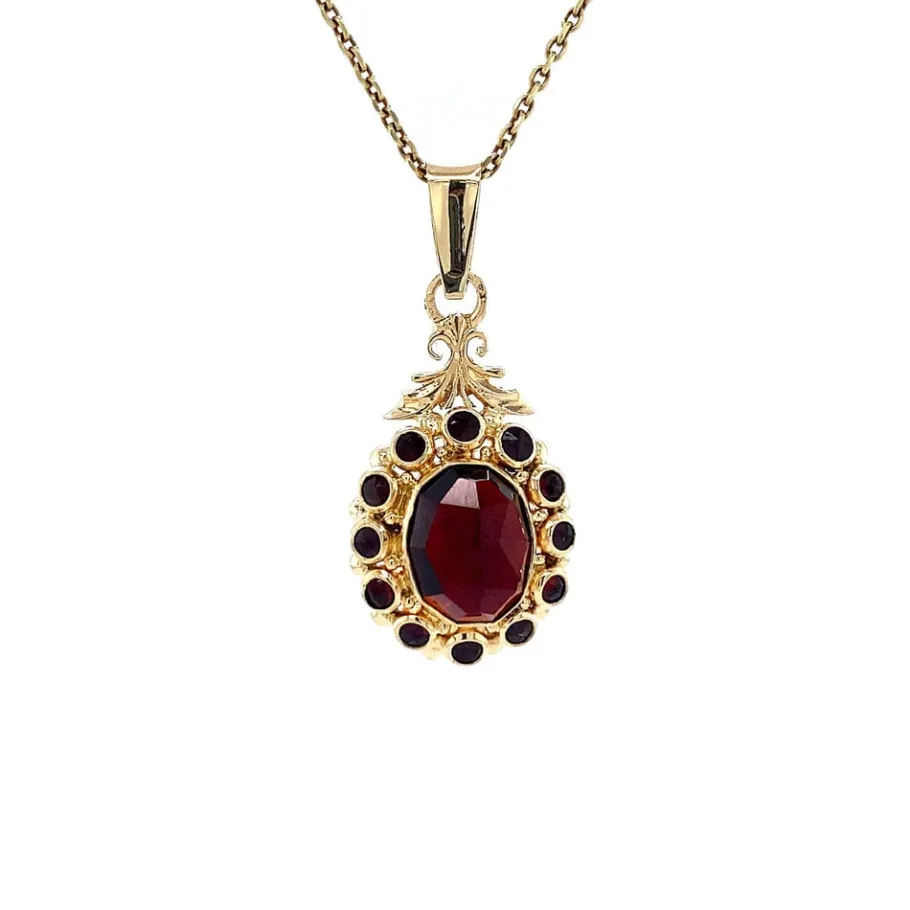 Gold pendant with garnet 14 krt>Vintage Jewellery Online
