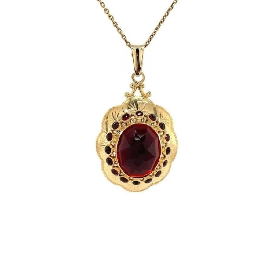 Gold pendant with garnet 14 krt>Vintage Jewellery Outlet