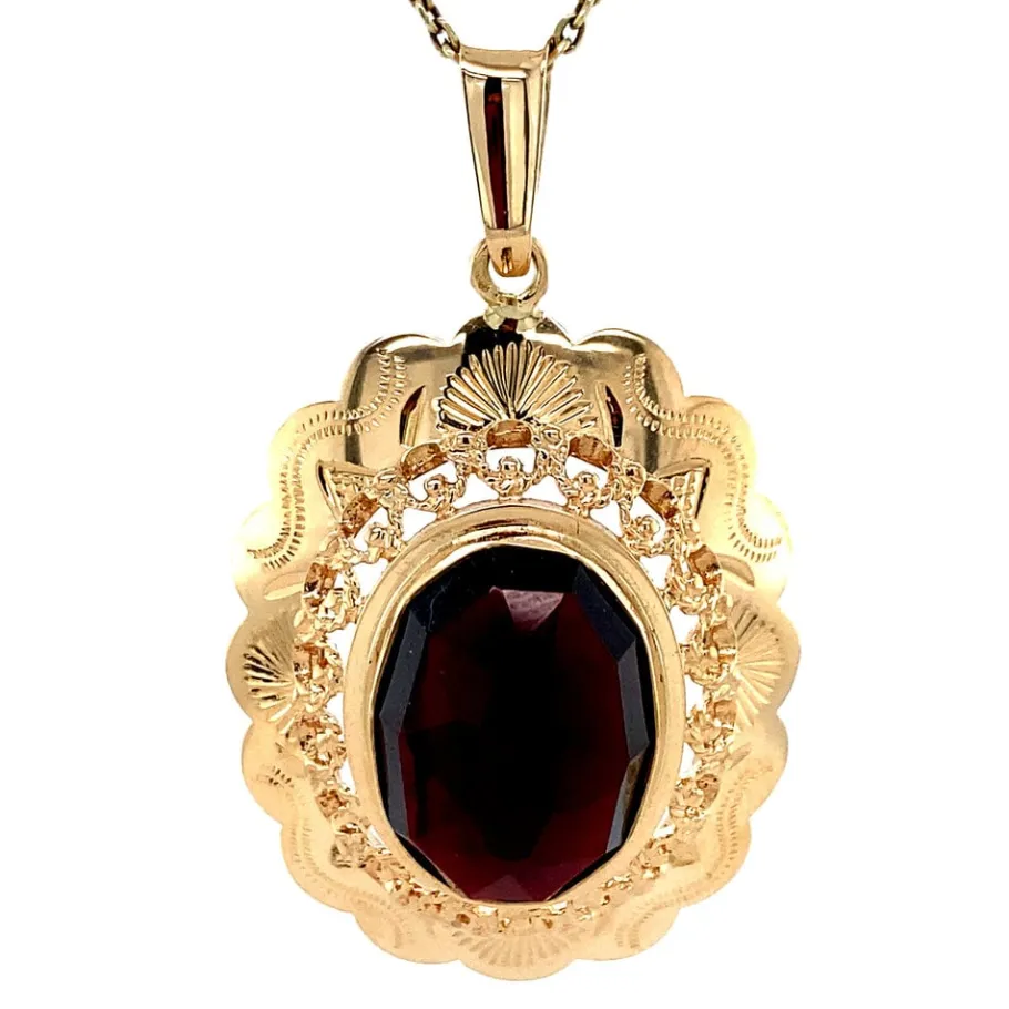 Gold pendant with garnet 14 krt>Vintage Jewellery Best