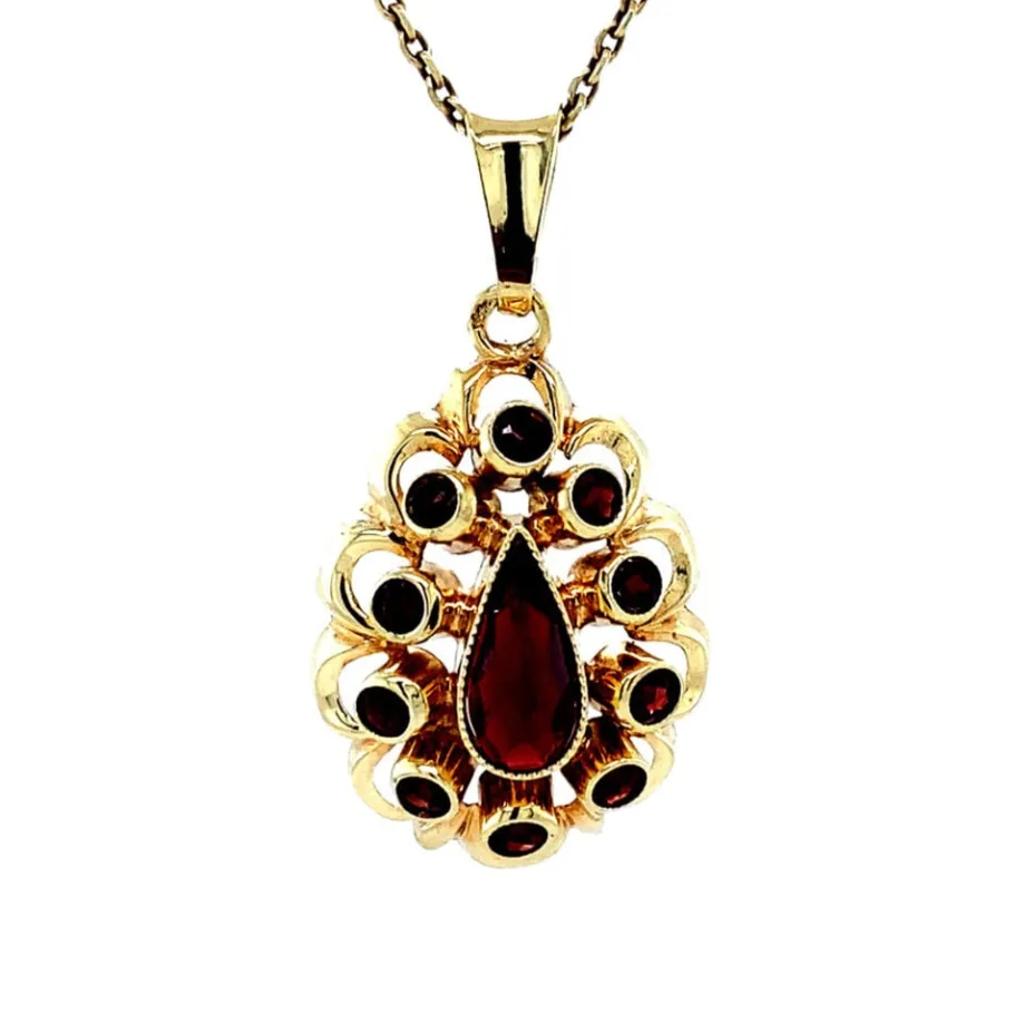Gold pendant with garnet 14 krt>Vintage Jewellery Outlet