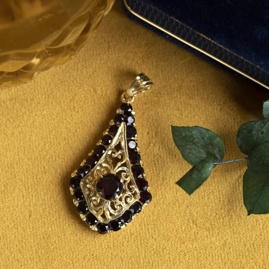Gold pendant with garnet 18 krt>Vintage Jewellery Best
