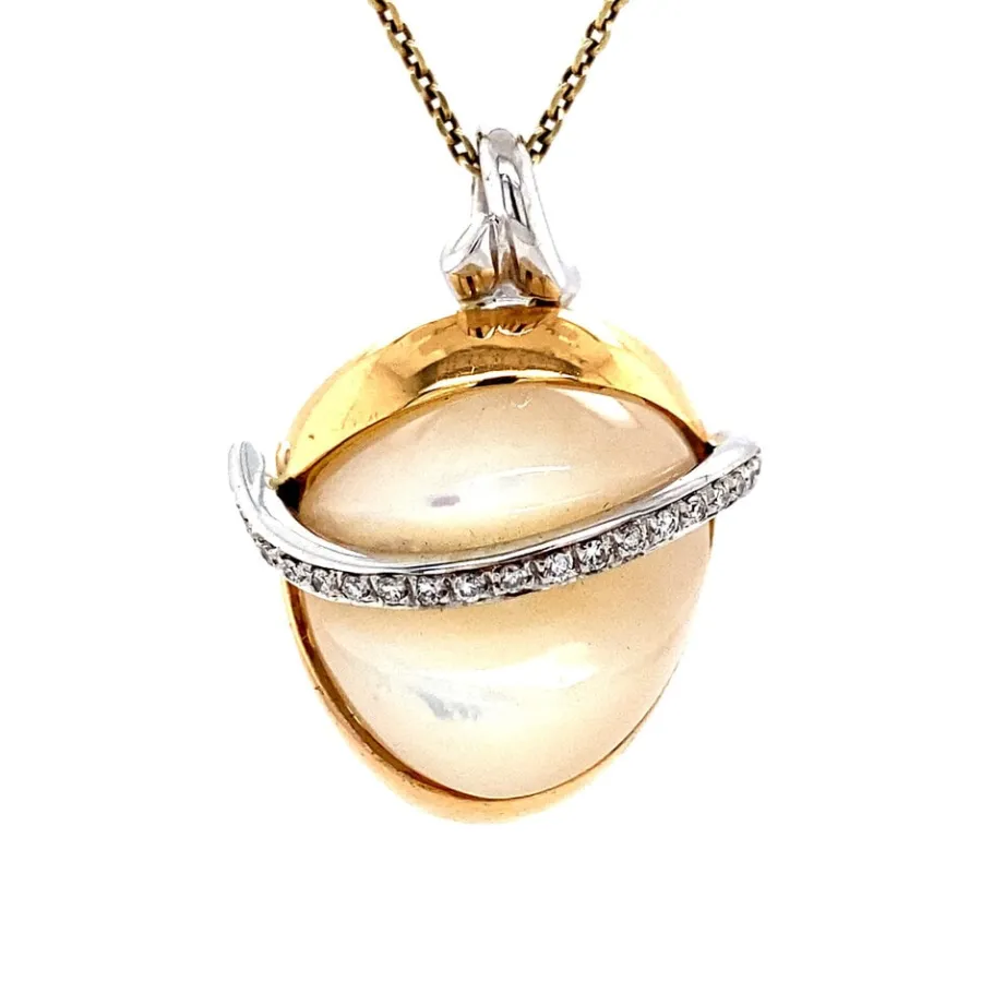 Gold pendant with mother of pearl and diamond 18 krt>Vintage Jewellery Best