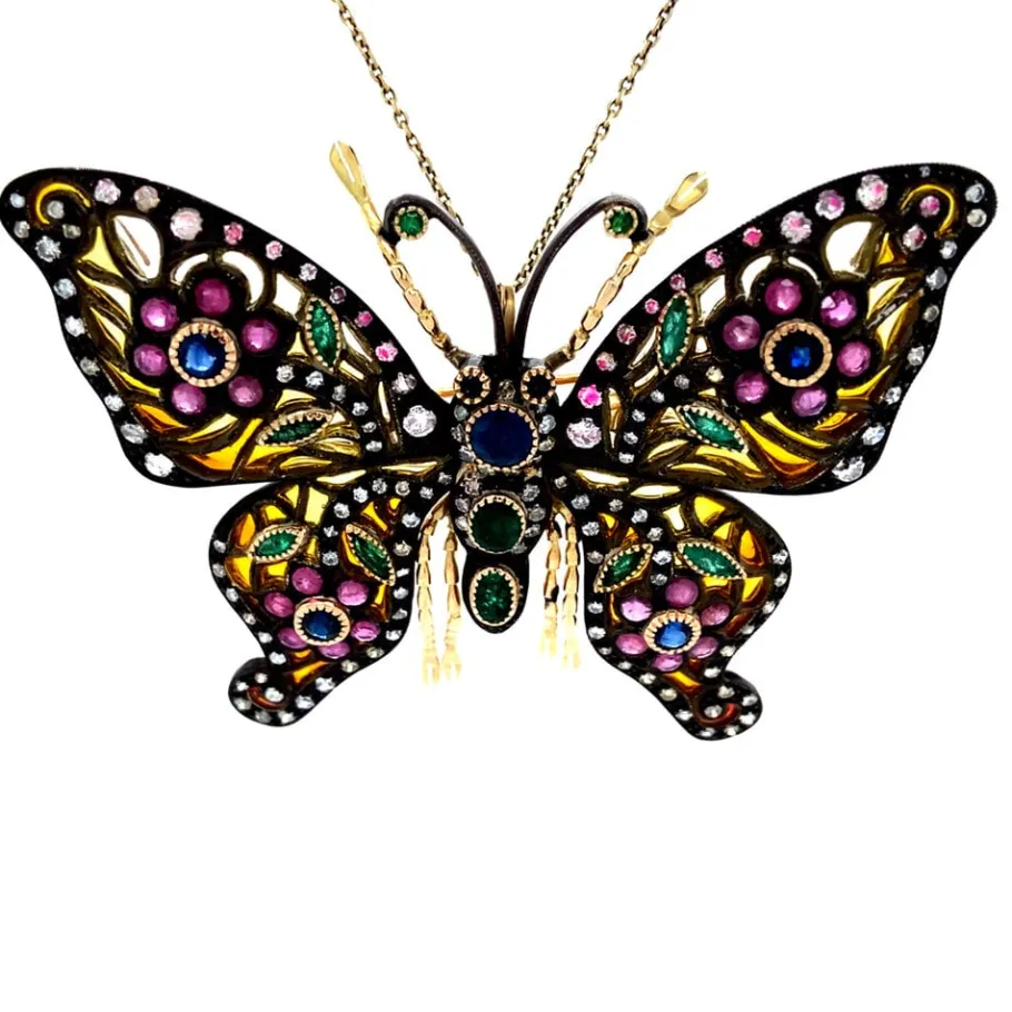 Gold pendant with sapphire, emerald, ruby, enamel and diamond 14 krt/925>Vintage Jewellery Discount