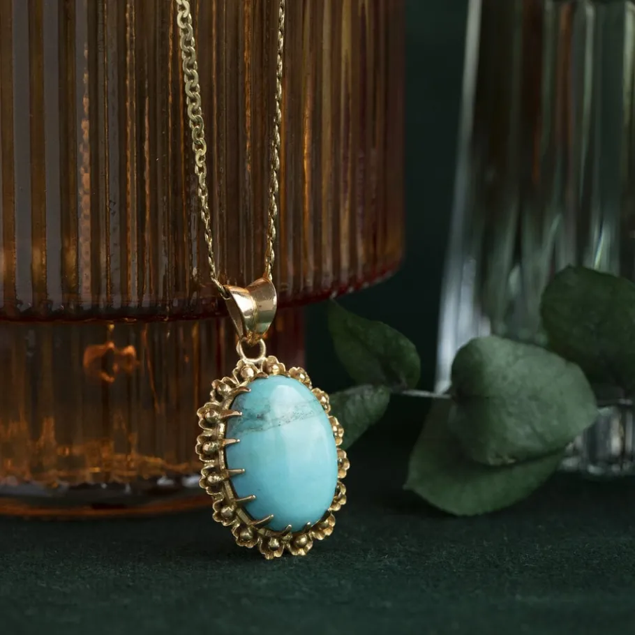 Gold pendant with turquoise 14 krt>Vintage Jewellery Fashion