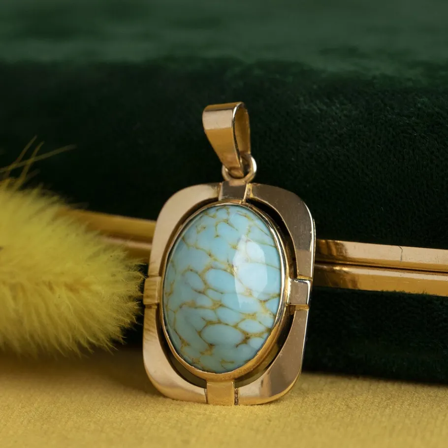 Gold pendant with turquoise 14 krt>Vintage Jewellery Best