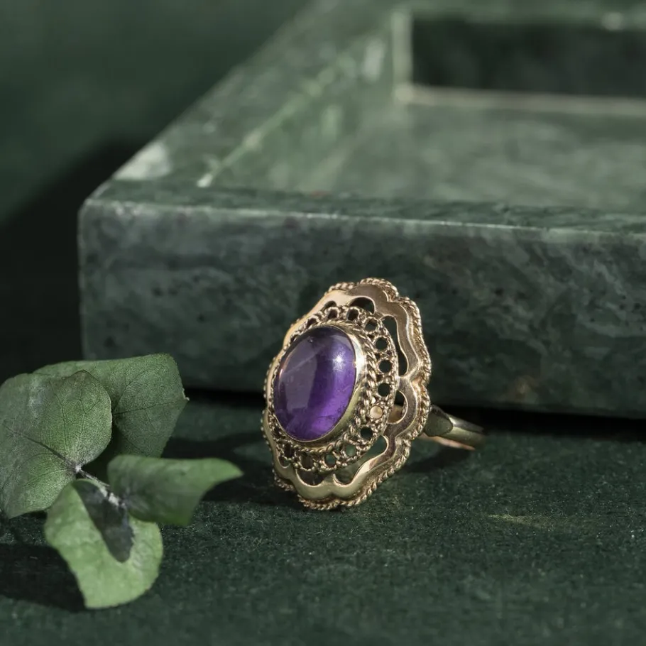 Gold ring with amethyst 14 krt>Vintage Jewellery New