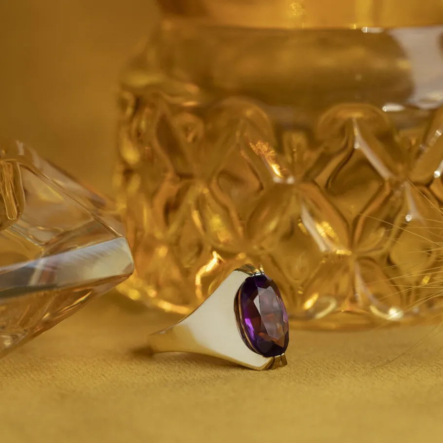 Gold ring with amethyst 14 krt>Vintage Jewellery Hot