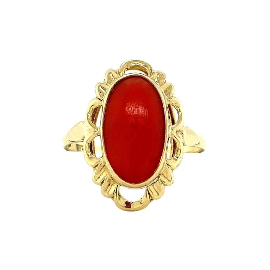 Gold ring with blood coral 14 krt>Vintage Jewellery Clearance