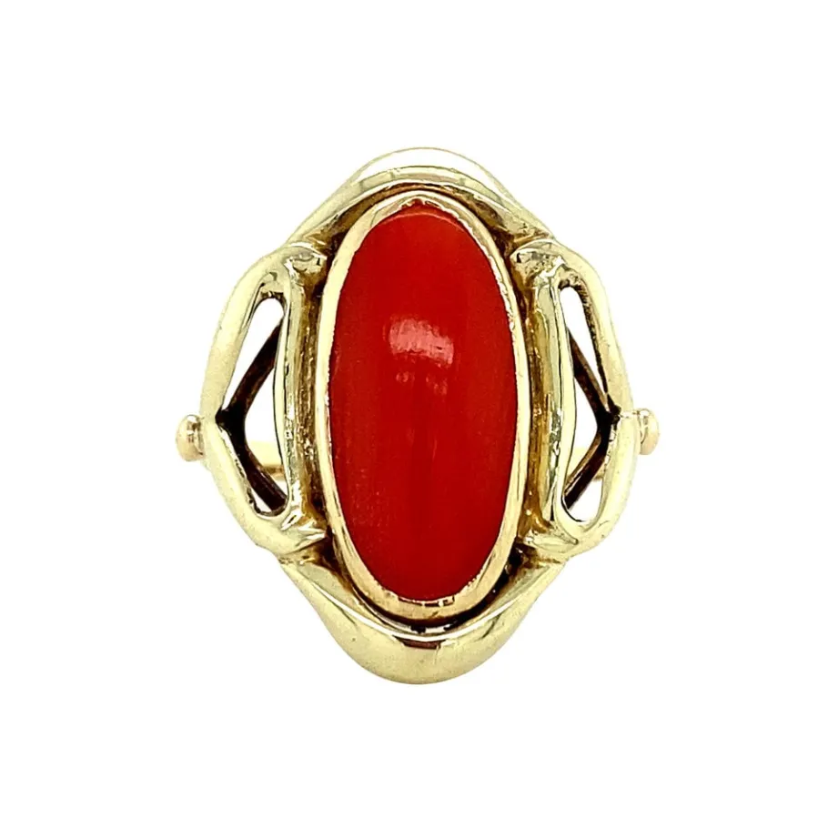 Gold ring with blood coral 14 krt>Vintage Jewellery Online