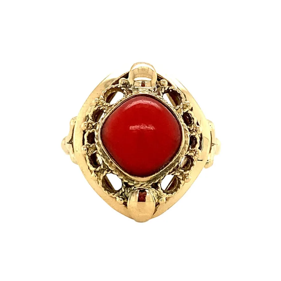 Gold ring with blood coral 14 krt>Vintage Jewellery New