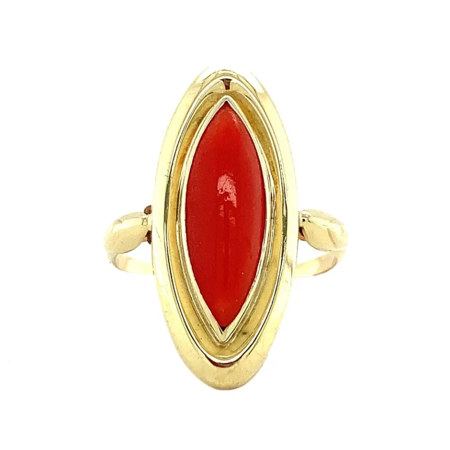 Gold ring with blood coral 14 krt>Vintage Jewellery Discount