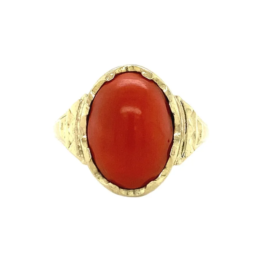 Gold ring with blood coral 14 krt>Vintage Jewellery New