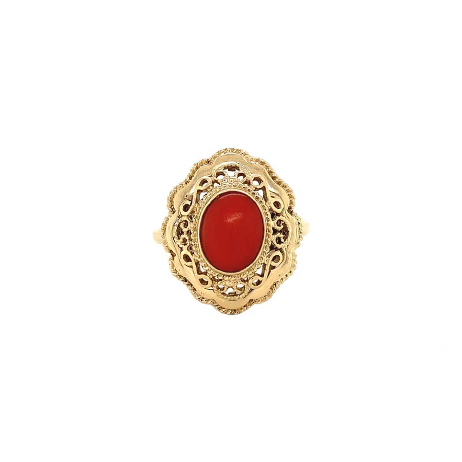 Gold ring with blood coral 14 krt>Vintage Jewellery Outlet