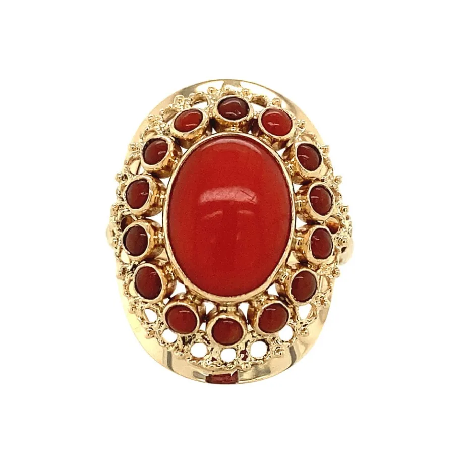 Gold ring with blood coral 14 krt>Vintage Jewellery New