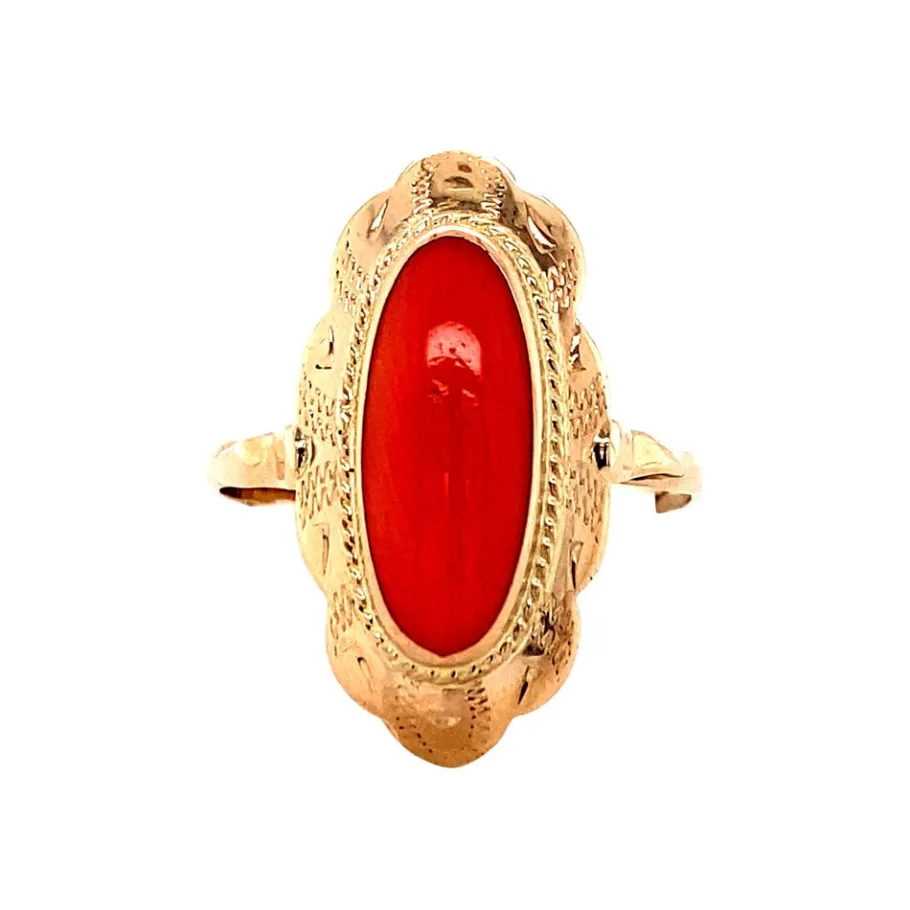 Gold ring with blood coral 14 krt>Vintage Jewellery Clearance