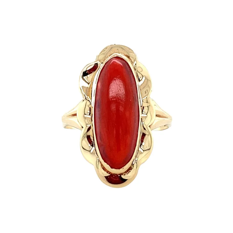 Gold ring with blood coral 14 krt>Vintage Jewellery Online