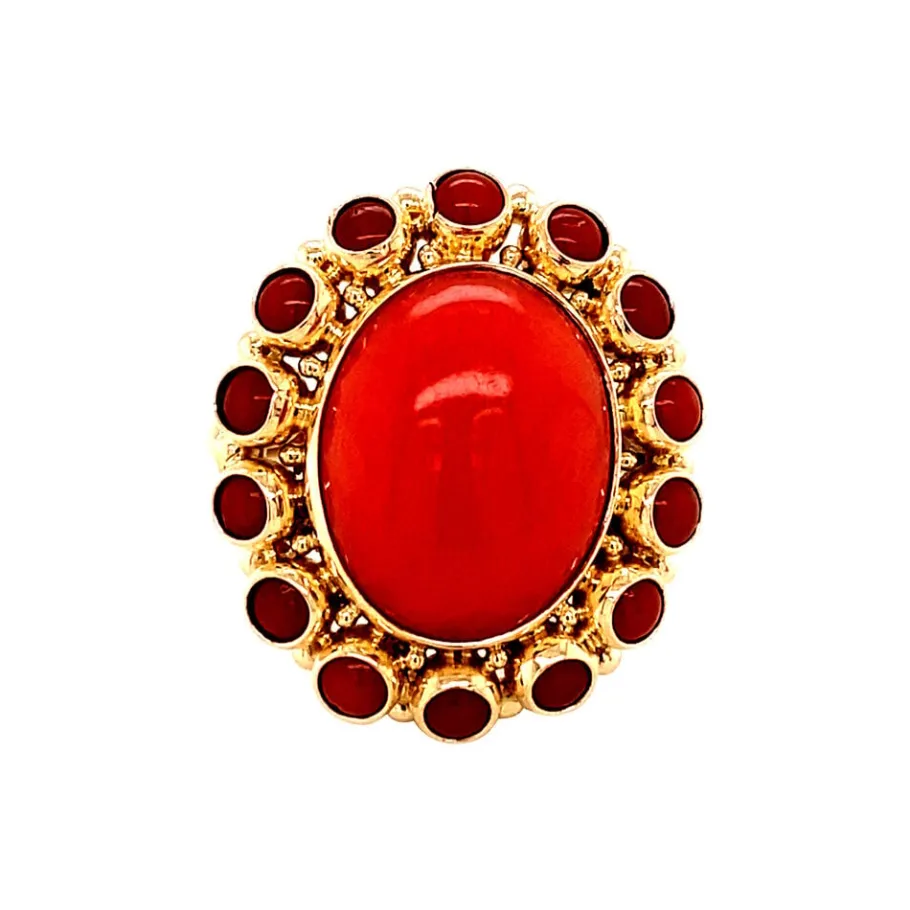 Gold ring with blood coral 14 krt>Vintage Jewellery Hot