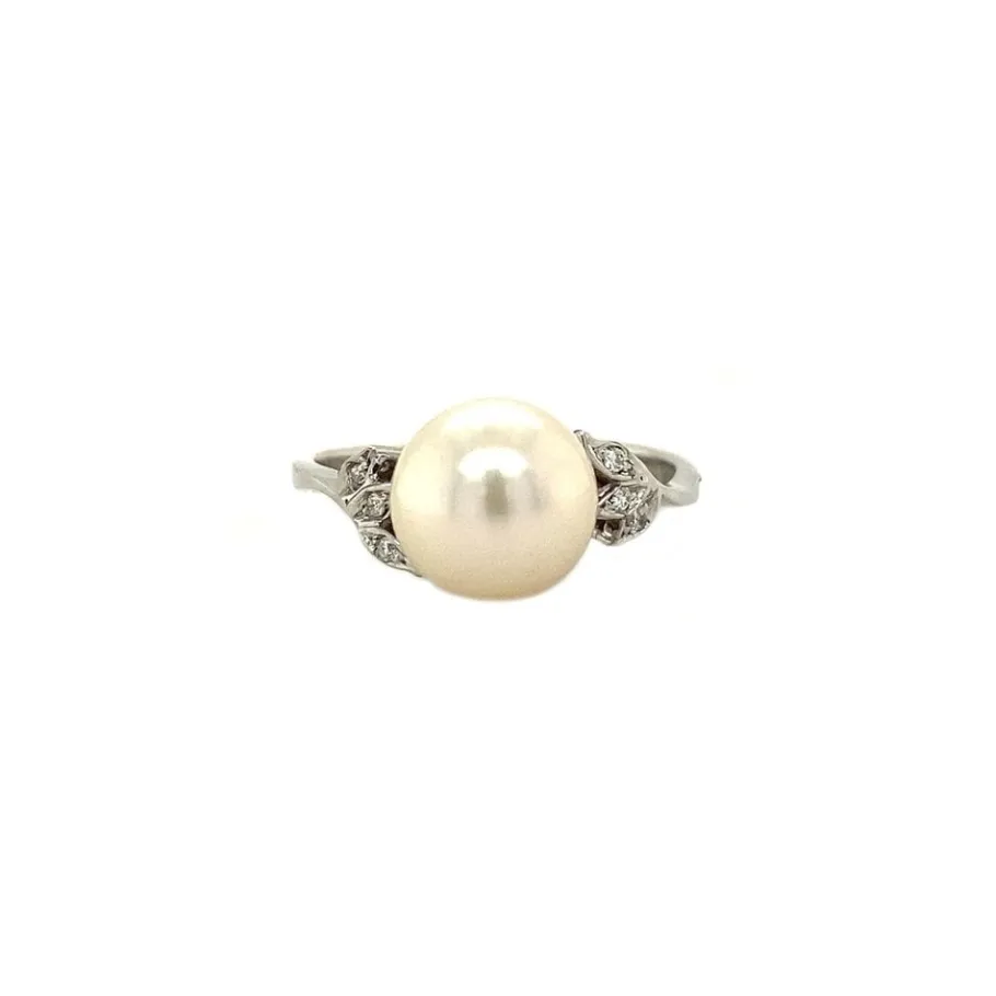 Gold ring with diamond and pearl 18 krt>Vintage Jewellery New