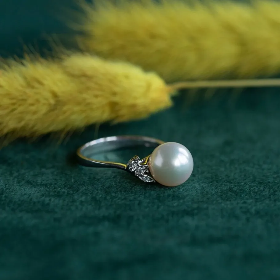 Gold ring with diamond and pearl 18 krt>Vintage Jewellery New