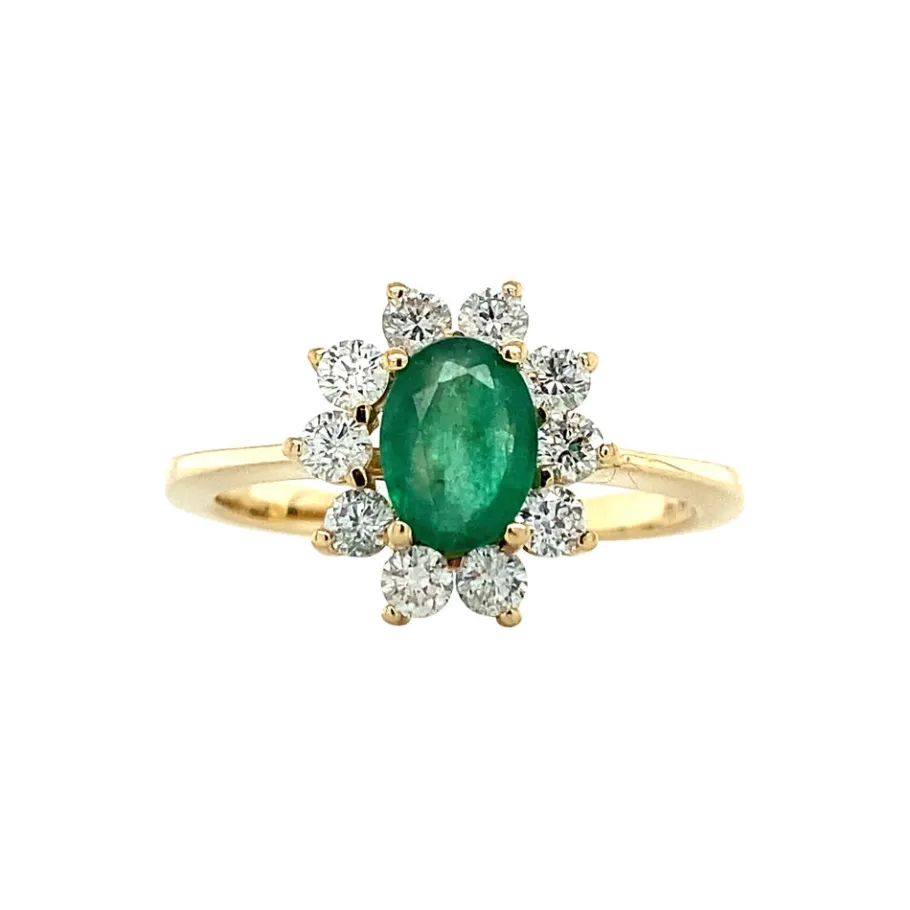 Gold ring with emerald and diamonds 14 krt>Vintage Jewellery Hot