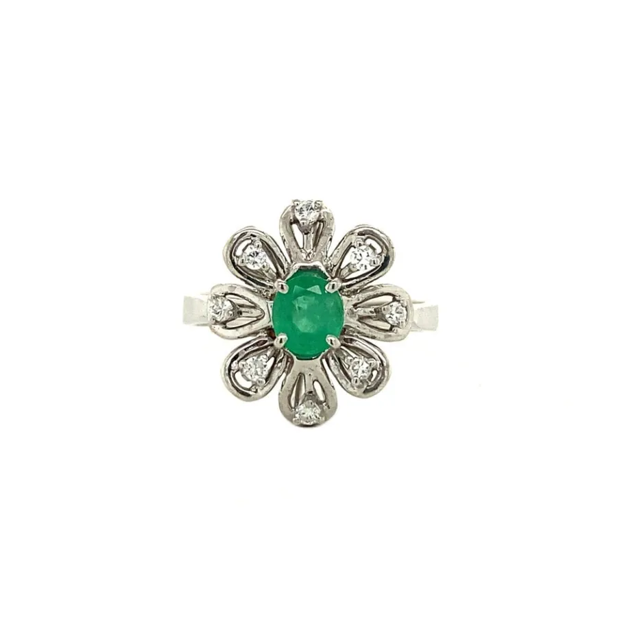 Gold ring with emerald and diamond 18 krt>Vintage Jewellery Clearance