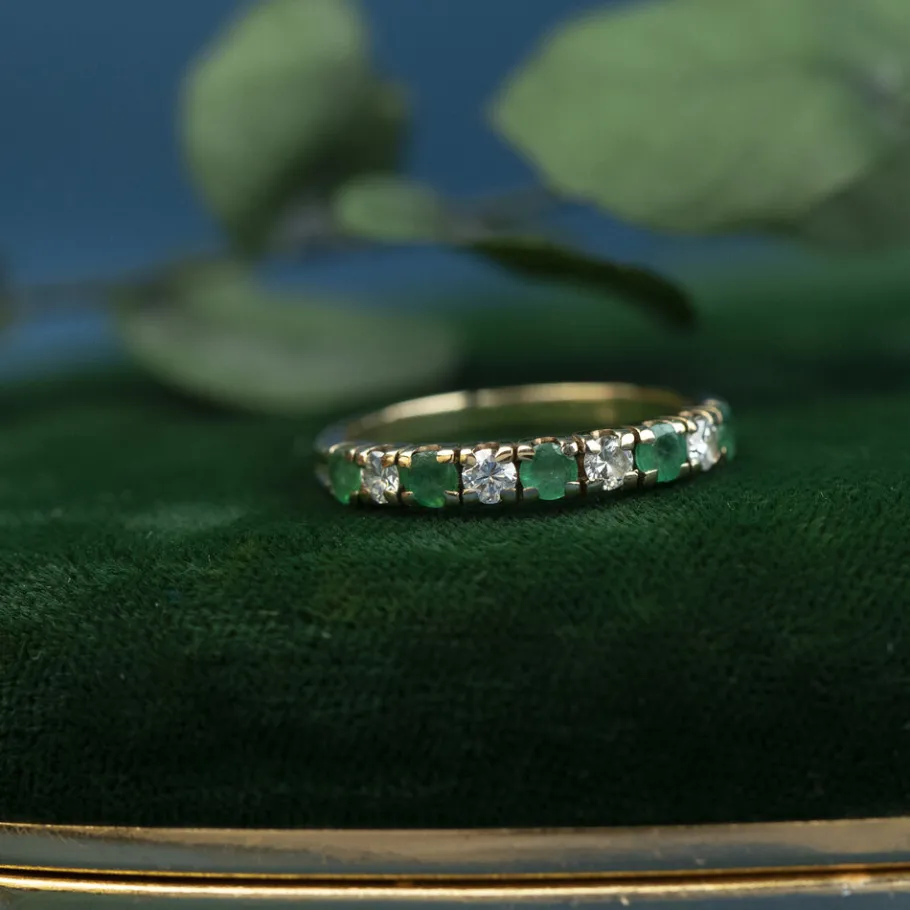 Gold ring with emerald and diamonds 14 krt>Vintage Jewellery Discount