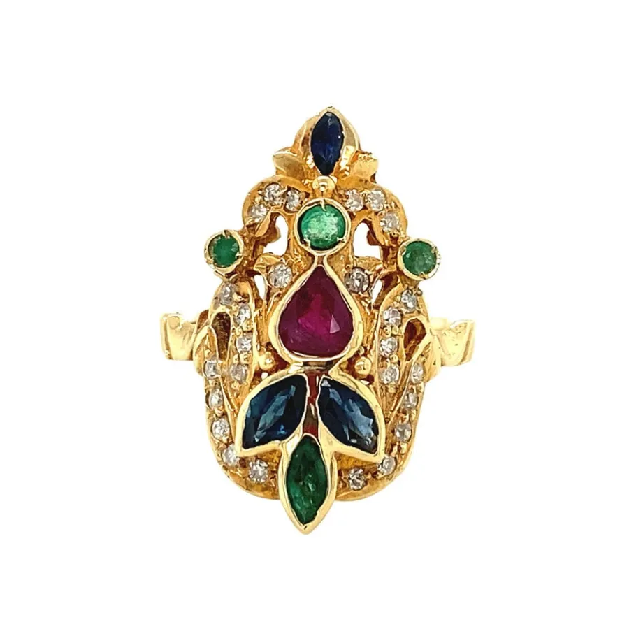 Gold ring with emerald, sapphire, ruby and diamond 18 krt>Vintage Jewellery Sale